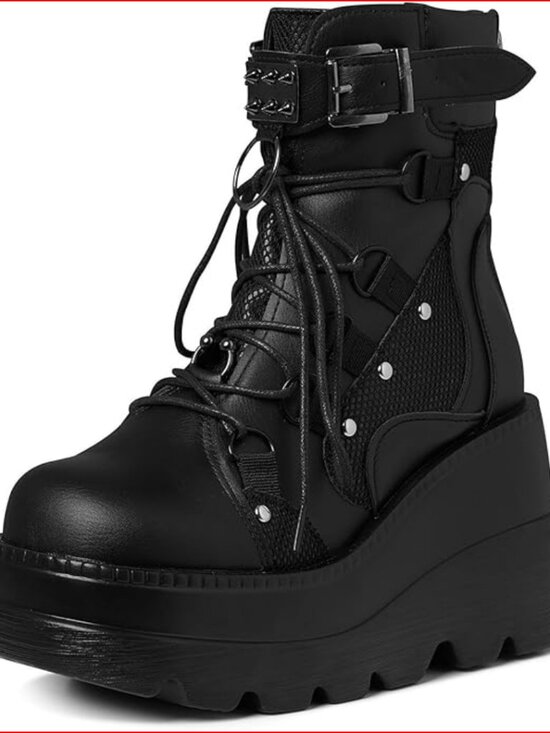 Shoes - Platform Ankle Boots with Wedge Heel Vegan PU Leather Round Toe